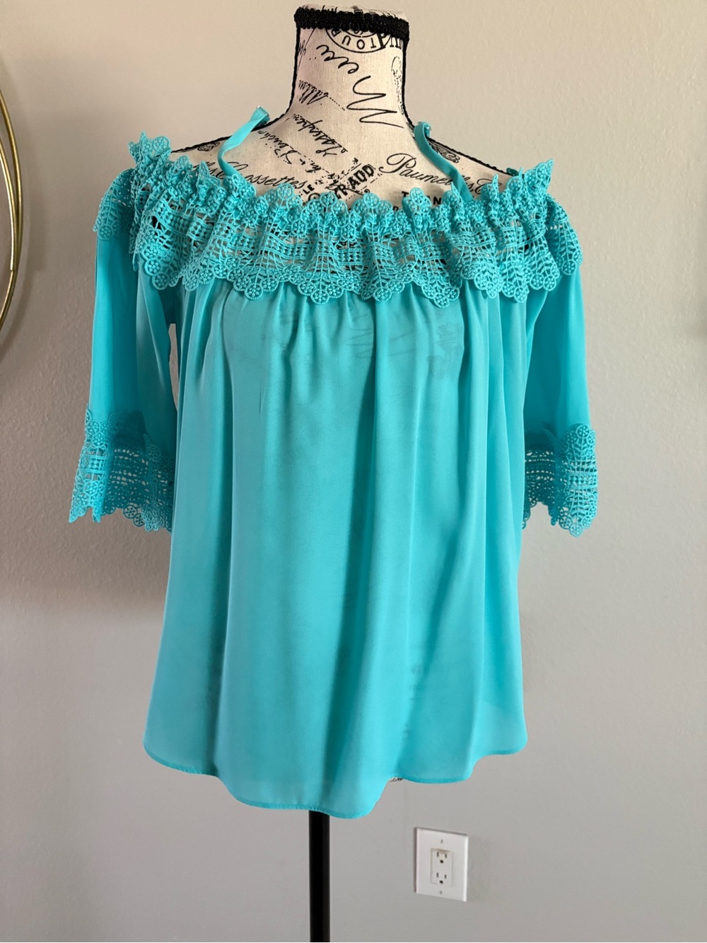 by & by Turquoise Off-Shoulder Crochet Trim Tunic